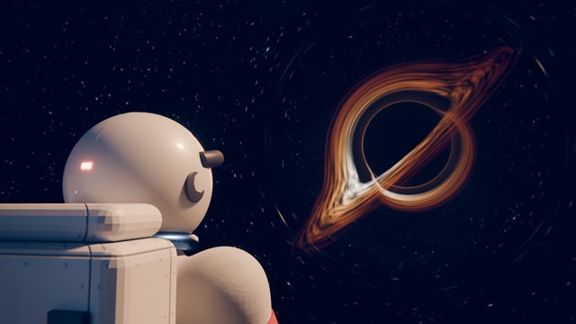 Frame 1: over the astronaut's shoulder, the black hole ahead