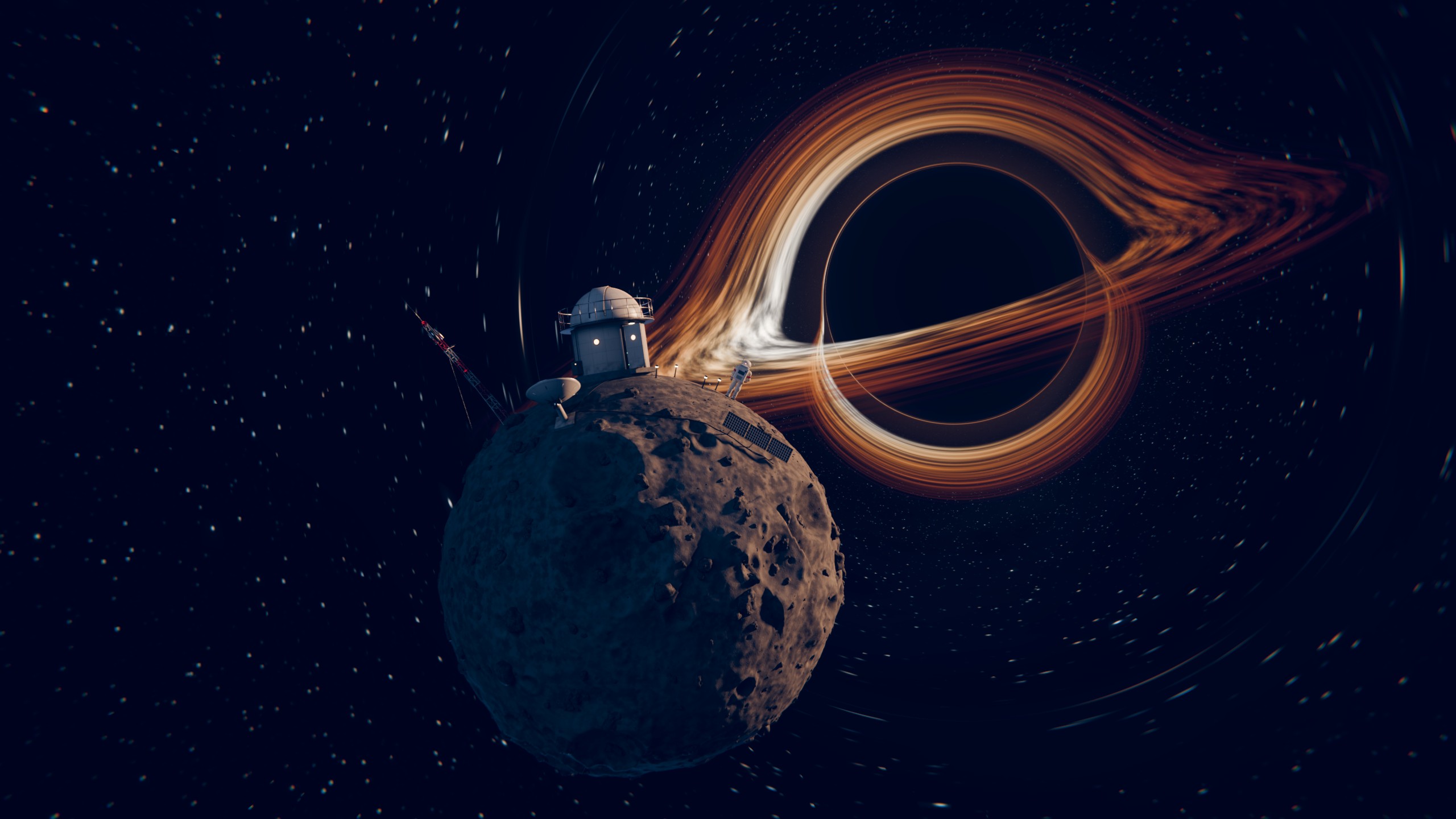 A small cratered planet with a domed observatory and a lone astronaut beneath a vast black hole with a glowing, lensed accretion disk